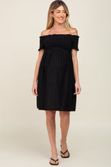 Black Swiss Dot Off Shoulder Maternity Dress