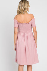 Mauve Swiss Dot Off Shoulder Dress