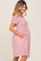 Mauve Swiss Dot Off Shoulder Maternity Dress