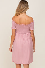 Mauve Swiss Dot Off Shoulder Maternity Dress