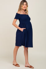 Navy Swiss Dot Off Shoulder Maternity Dress