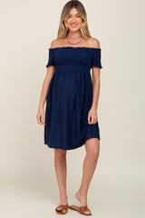 Navy Swiss Dot Off Shoulder Maternity Dress