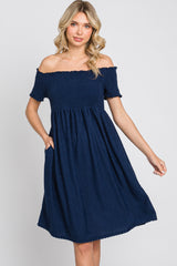 Navy Swiss Dot Off Shoulder Maternity Dress