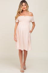 Peach Swiss Dot Off Shoulder Maternity Dress