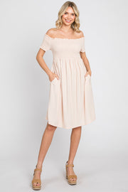 Peach Swiss Dot Off Shoulder Dress