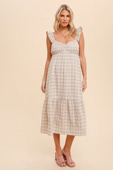 Beige Checkered Linen Sweetheart Neck Ruffle Strap Midi Dress