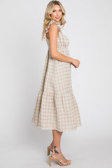 Beige Checkered Linen Sweetheart Neck Ruffle Strap Midi Dress