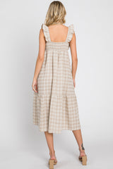 Beige Checkered Linen Sweetheart Neck Ruffle Strap Midi Dress