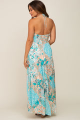 Jade Floral Halter Front Tie Maternity Maxi Dress