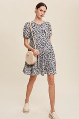 Navy Blue Floral Back Tie Tiered Short Sleeve Dress