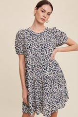 Navy Blue Floral Back Tie Tiered Short Sleeve Dress