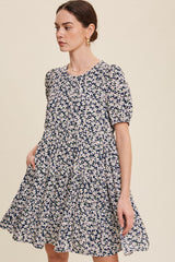 Navy Blue Floral Back Tie Tiered Short Sleeve Dress