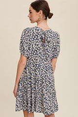 Navy Blue Floral Back Tie Tiered Short Sleeve Dress