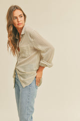 Light Olive Textured Stripe Collared Button-Down Long Sleeve Top