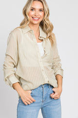 Light Olive Textured Stripe Collared Button-Down Long Sleeve Top