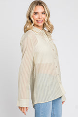 Light Olive Textured Stripe Collared Button-Down Long Sleeve Top