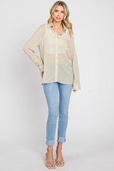 Light Olive Textured Stripe Collared Button-Down Long Sleeve Top