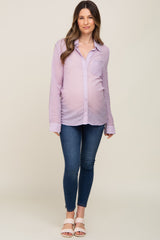 Lavender Textured Stripe Collared Button-Down Long Sleeve Maternity Top