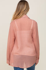 Mauve Textured Stripe Collared Button-Down Long Sleeve Maternity Top