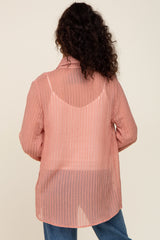 Mauve Textured Stripe Collared Button-Down Long Sleeve Top