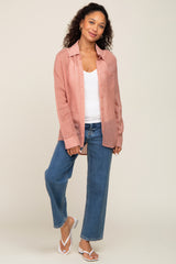 Mauve Textured Stripe Collared Button-Down Long Sleeve Top