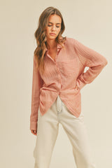 Mauve Textured Stripe Collared Button-Down Long Sleeve Maternity Top