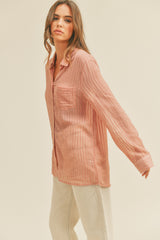 Mauve Textured Stripe Collared Button-Down Long Sleeve Top