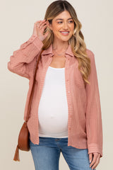 Mauve Textured Stripe Collared Button-Down Long Sleeve Maternity Top