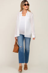 White Textured Stripe Collared Button-Down Long Sleeve Maternity Top