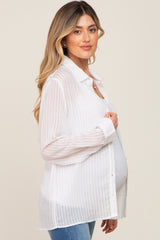 White Textured Stripe Collared Button-Down Long Sleeve Maternity Top