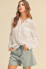 White Textured Stripe Collared Button-Down Long Sleeve Top