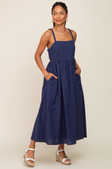 Navy Blue Linen Square Neck Lace-Up Back Maternity Midi Dress