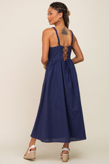 Navy Blue Linen Square Neck Lace-Up Back Midi Dress