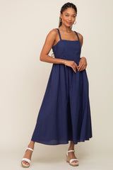 Navy Blue Linen Square Neck Lace-Up Back Midi Dress