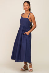 Navy Blue Linen Square Neck Lace-Up Back Midi Dress