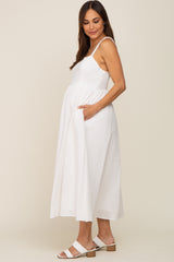 White Linen Square Neck Lace-Up Back Maternity Midi Dress