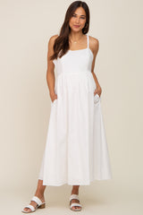 White Linen Square Neck Lace-Up Back Maternity Midi Dress