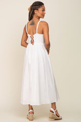 White Linen Square Neck Lace-Up Back Midi Dress