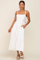 White Linen Square Neck Lace-Up Back Midi Dress