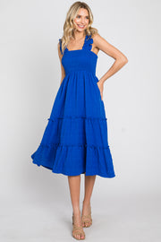 Royal Smocked Square Neck Ruffle Strap Tiered Midi Dress