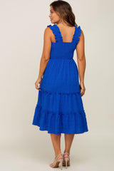 Royal Smocked Square Neck Ruffle Strap Tiered Maternity Midi Dress