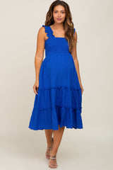 Royal Smocked Square Neck Ruffle Strap Tiered Maternity Midi Dress