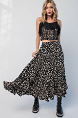 Black Floral Tiered Maternity Midi Skirt