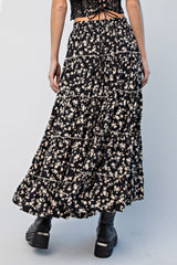 Black Floral Tiered Midi Skirt