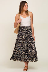 Black Floral Tiered Midi Skirt