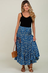 Blue Floral Tiered Maternity Midi Skirt