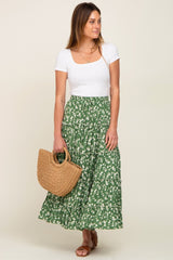 Green Floral Tiered Midi Skirt