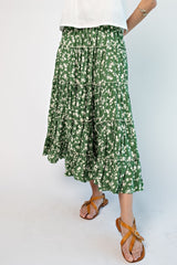 Green Floral Tiered Midi Skirt