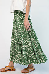 Green Floral Tiered Midi Skirt