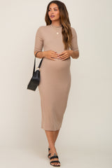 Taupe Ribbed Mock Neck Maternity Midi Dress